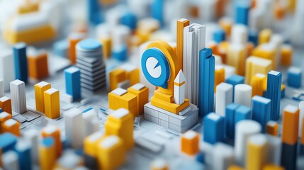 Fototapete - 3D Abstract Cityscape with Data Icon.