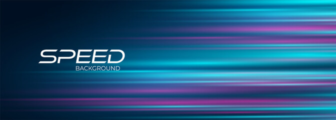 Poster - Dark blue modern wide abstract technology background with blue and pink glowing high-speed and movement light effect. Vector illustration