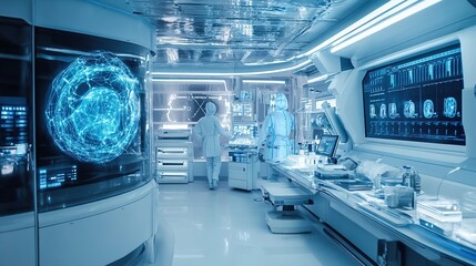 Two scientists in white lab coats work on futuristic medical technology in a sterile lab.  The lab is filled with high-tech equipment and digital displays.