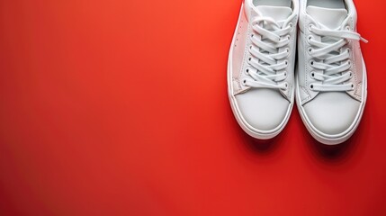 Wall Mural - White Sneakers on Red Background