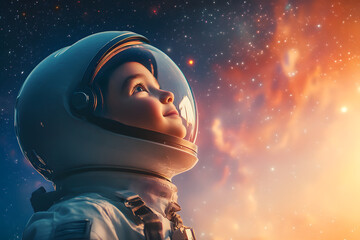 A kid astronaut with space background as a concept of a child’s dream to become an astronaut