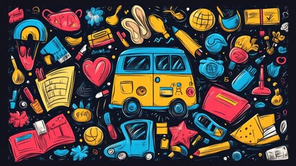 Poster - A colorful illustration of a bus and other objects on black background, AI