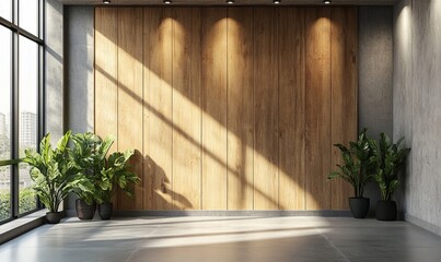 Wall Mural - Empty room interior background, concrete wall and wooden paneling. 3d rendering, Generative AI