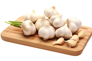 Wall Mural - A Bountiful Harvest of Fresh Garlic Bulbs on a Wooden Cutting Board on a White or Clear Surface PNG Transparent Background.