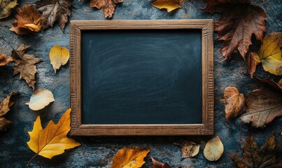 Wall Mural - Blank board on a table, surrounded by vibrant fall leaves