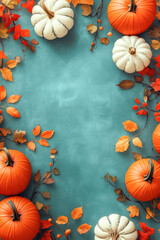 Wall Mural - Autumn composition with bright colorful pumpkins and autumn leaves on a teal background with copy space.	