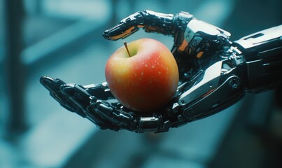 Cybernetic arm holding an apple