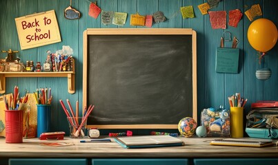 Empty board on a countertop, surrounded by school-themed decorations