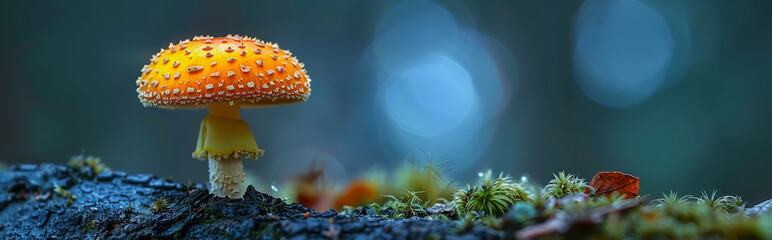 Sticker - Vibrant Orange Mushroom Growing in Forest on Mossy Log with Bokeh Background