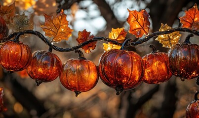 Wall Mural - Garland of glass pumpkins and leaves, warm autumn colors