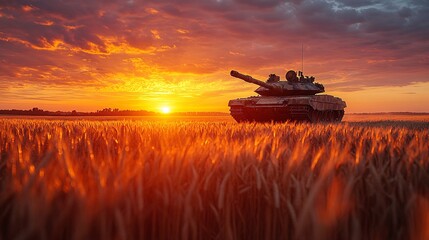 A tank hidden in a wheat field at sunset, its camouflaged turret barely visible among the golden stalks.