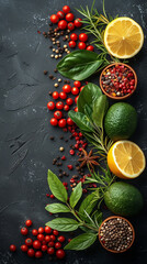 Wall Mural - Fresh Ingredients: Avocados, Lemon Slices, Cherry Tomatoes, Herbs, and Spices on Dark Background