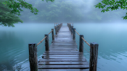 Misty Wooden Pier Over Serene Lake on a Foggy Morning