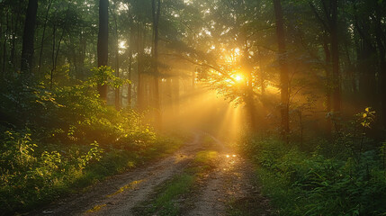 Sticker - Golden Sunlight Filtering Through Lush Green Forest in Early Morning - Serene Nature Pathway