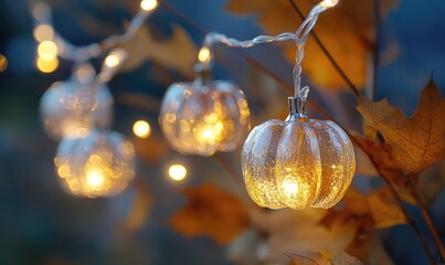 Wall Mural - Warm white string lights with glass pumpkins and leaves, cozy autumn scene