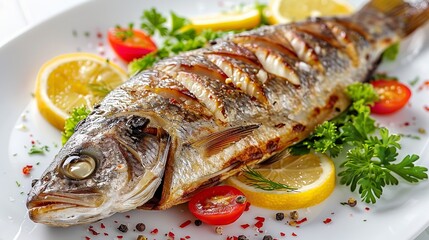 Wall Mural - Piece of roasted salmon with tomatoes and herbs on white plate.