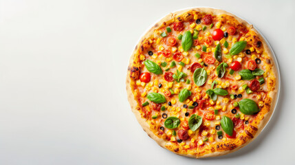 A pizza with corn, tomatoes, and basil on top