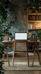 Canvas Print - A laptop computer sitting on a wooden desk in front of plants, AI