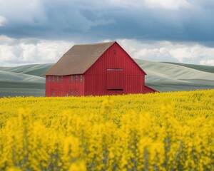 Wall Mural - Barn in Palouse, WA with Beautiful Blooming Canola Field