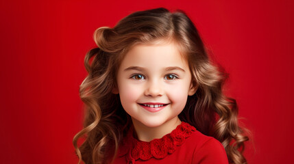 Portrait of a chic cute beautiful baby girl with perfect skin, red background, banner.