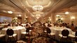 © improvee design - Grand ballroom decorated for a wedding reception, featuring elegant tables, white tablecloths, centerpieces, candles, and gold accents. The room is illuminated by warm lighting.
