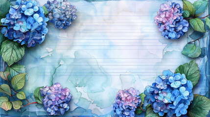 Wall Mural - old vintage grunge wide paper journal with empty space in the middle and watercolor blooming Hydrangea flowers with leaf border frame