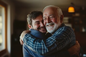 caucasian senior father and adult son are hugging together at home, generation family are happy with people love, male mature, old person man, elderly, Generative AI