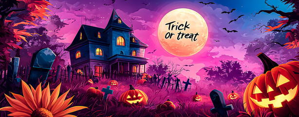 Wall Mural - Illustration of a landscape for Halloween, with a Jack-o'-lantern pumpkin, an enchanted house