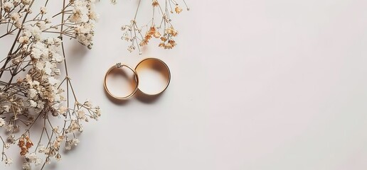 Two gold wedding rings on a white background with dried flowers. Perfect for a wedding invitation or announcement.