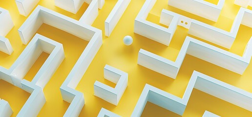 A white ball navigates a complex yellow maze. A concept of challenge, problem solving, and finding a solution.