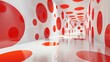© Nadin Faust - minimalist long white room with red dots on all surfaces, filled with light and shadows, creating a dynamic and creative atmosphere, symbolizing modern art and design