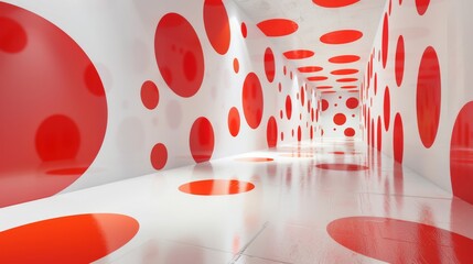 minimalist long white room with red dots on all surfaces, filled with light and shadows, creating a dynamic and creative atmosphere, symbolizing modern art and design