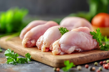 Wall Mural - Raw chicken meat cutting on a wooden board commercial advertising photo