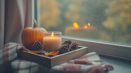 Canvas Print - A candle and pumpkins on a window sill next to pine cones, AI