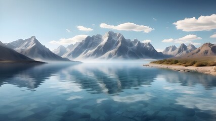  Gorgeous mountain range isolated on a translucent background, with a sizable body of water in the front.