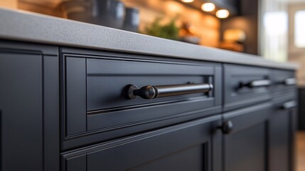 modern cabinet hardware, featuring sleek, matte black drawer pulls and handles