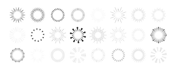 Sticker - Set Fireworks, rays, sunburst frames circle border decoration, sparkle in doodle style, line sketch explosion isolated on white background.
