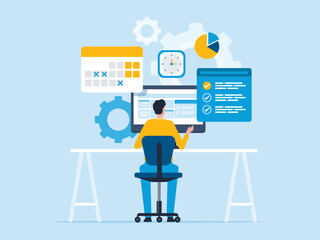 Poster - Flat vector illustration design Business people working with online calendar for Working  schedule planning concept 
