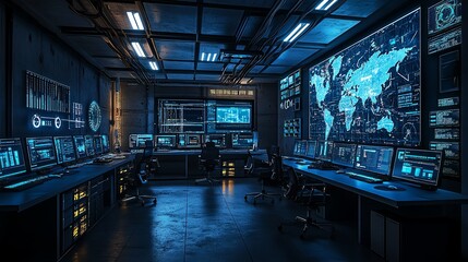 Futuristic Command Center with World Map Display.