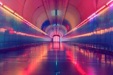 Wall Mural - Product stand in a neon-lit tunnel with reflections