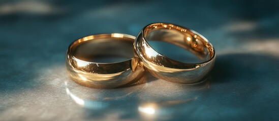 Two Golden Wedding Rings on a Blue Surface