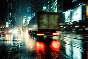 Wall Mural - A transport truck navigating through a rainy city at night, with motion blur accentuating its speed and determination in delivering goods