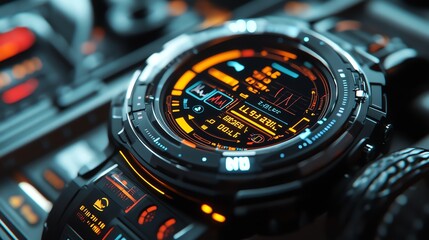 Fototapete - Futuristic digital watch with glowing display.