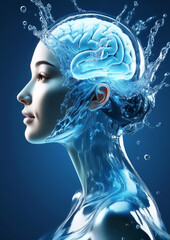 3d rendering of human head with brain and water splash on blue background