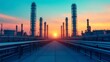 © Stock Media Labs - Industrial landscape at sunset with smokestacks, pipelines, and a vibrant sky. A stunning view of modern energy infrastructure.