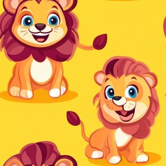 Wall Mural - A colorful pattern featuring cute cartoon lions on a bright yellow background.