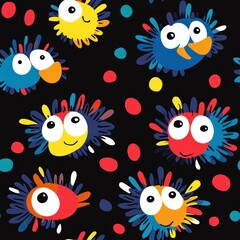 Poster - Colorful cartoon-like creatures with expressive faces on a black background.