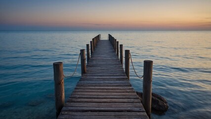  Old wooden pier stretching into a serene blue sea at twilight.