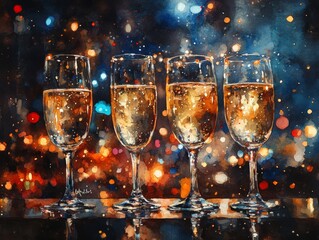 Wall Mural - Four elegant glasses of sparkling champagne against a backdrop of festive lights, perfect for celebrations and special occasions.