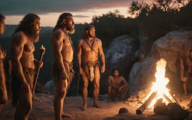 a primitive tribe of ancient people in animal skins stands by a large fire in a cave. neanderthals. 